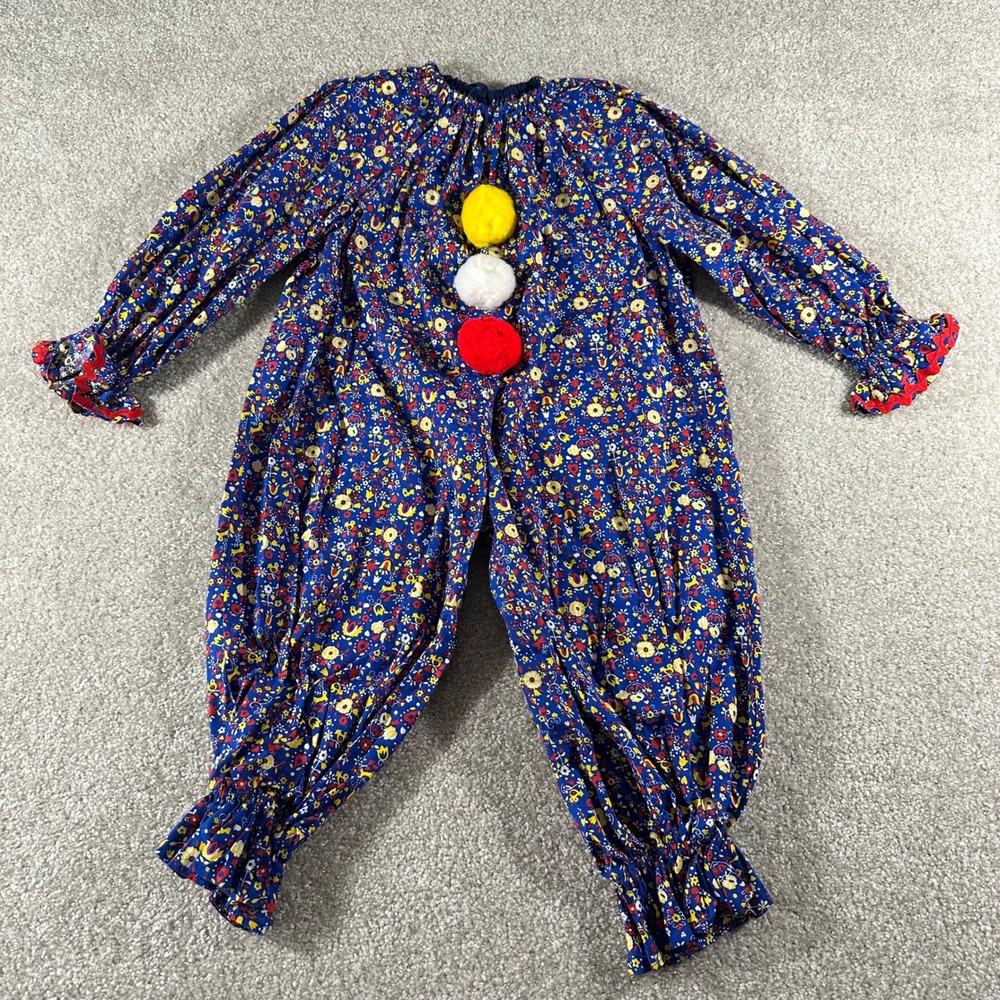 Vintage Handmade Clown Costume Blue Floral Calico PomPom Jumpsuit Kids Halloween